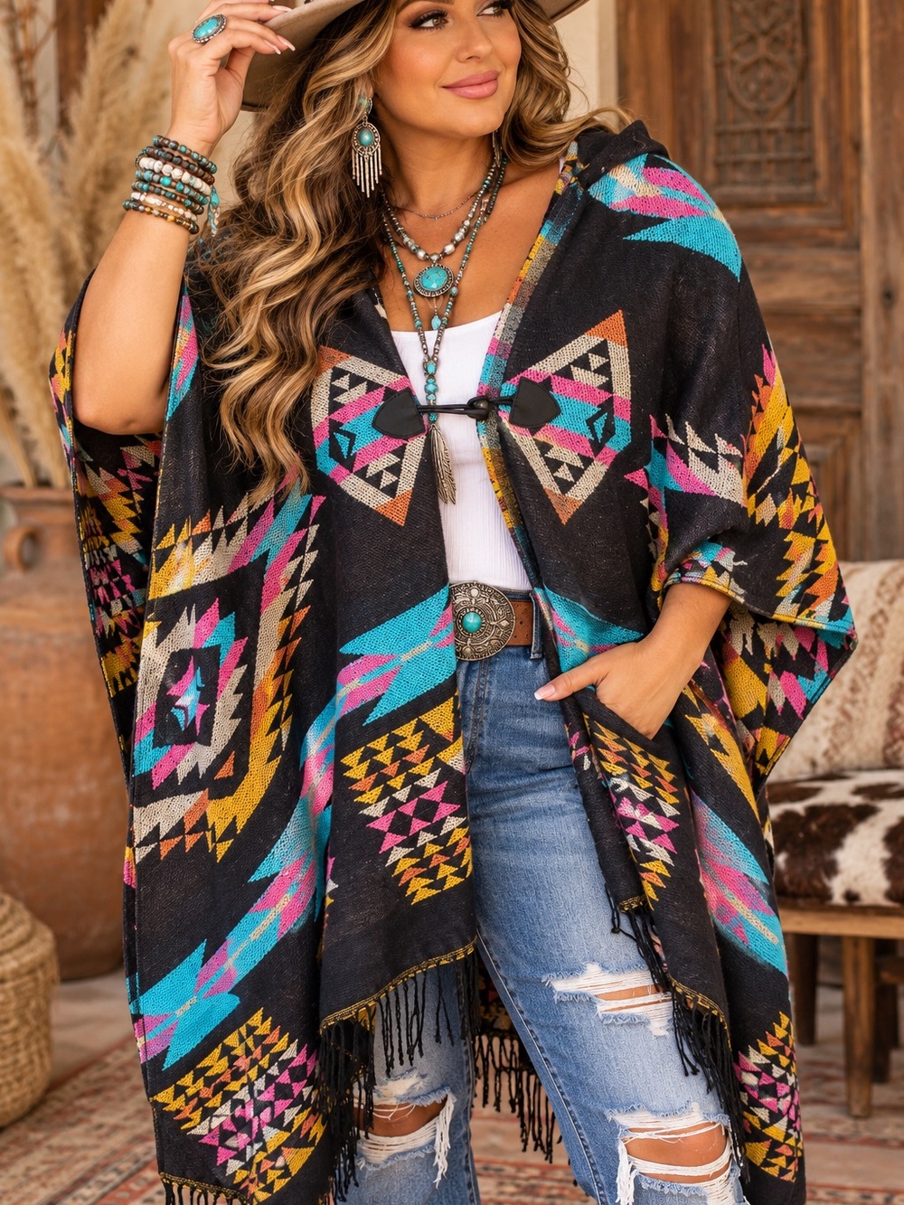 BNWT Boho Aztec Hooded Poncho Sweater - Black with Teal, Pink & Mustard